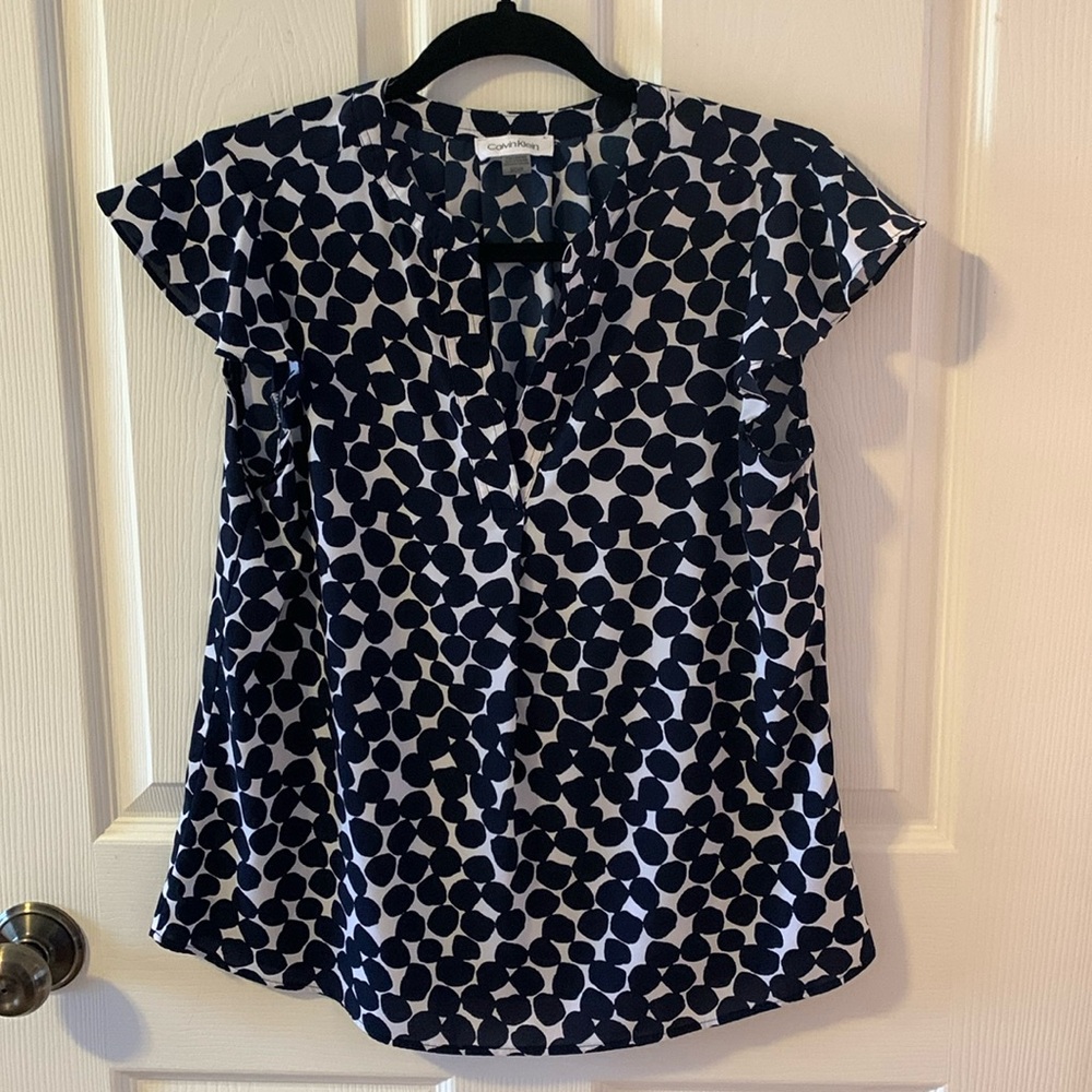 Calvin Klein Womens Flutter Sleeve Printed Blouse Navy Blue White Size S